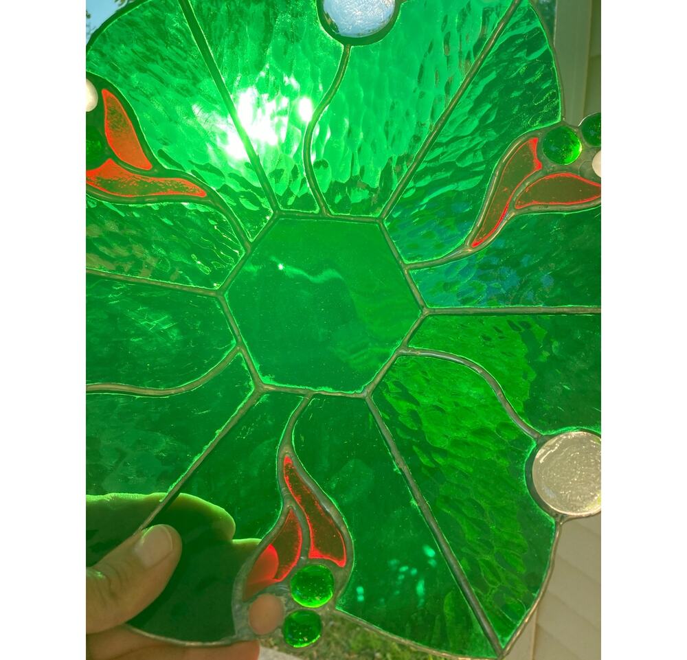 Stained Glass Platter/ Shallow Bowl Green 13" Across - Beautiful Unique